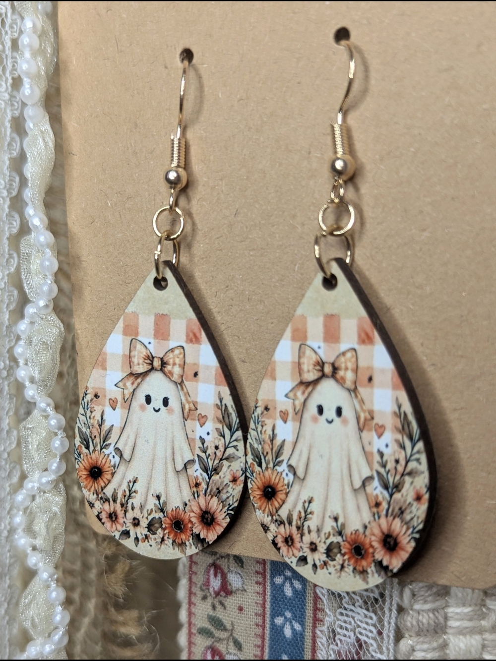 Cute Halloween Ghost Teardrop Earrings in Peach & Cream - Picture 4 of 5